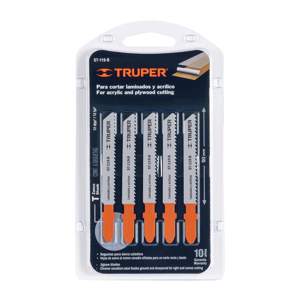 Blíster con 5 seguetas 12 DPP zanco "T" corte recto triplay, Truper