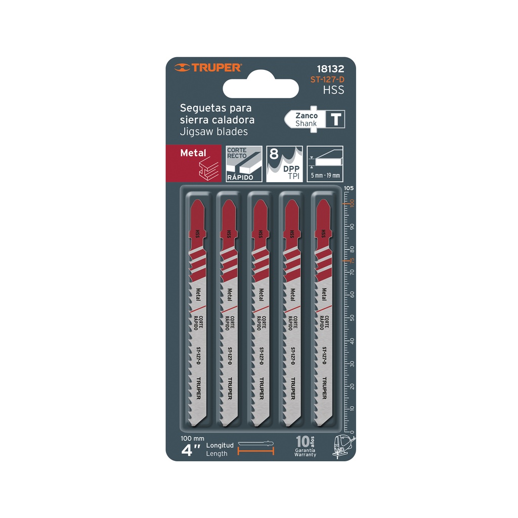 Blíster con 5 seguetas 8 DPP zanco "T" corte recto metal, Truper