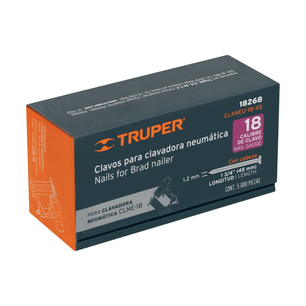 Caja con 5000 clavos calibre 18, 1 3/4" (45 mm), Truper