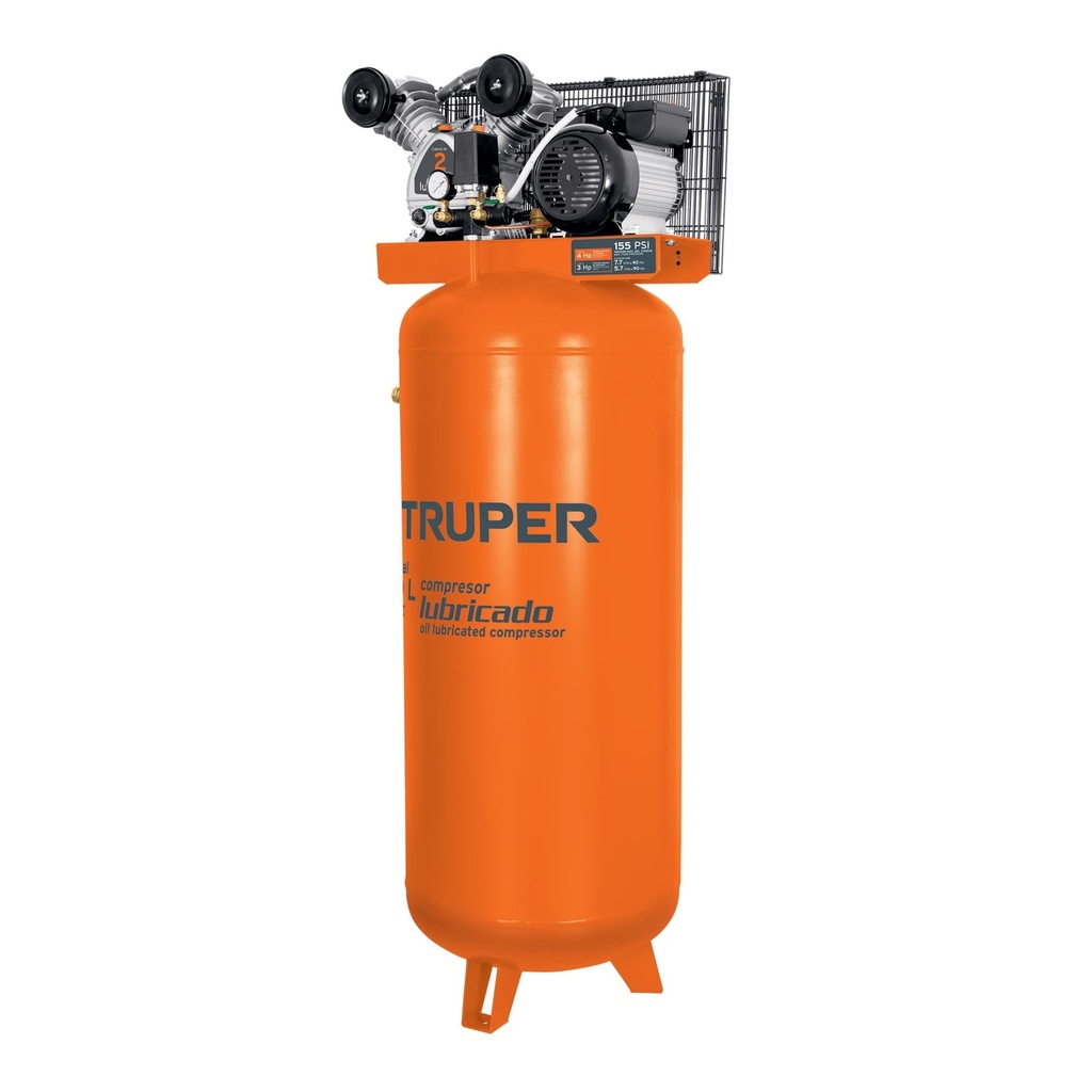 Compresora vertical lubricada de banda 3HP 5.7 CFM Pot Max 4 HP, 240 L, Truper