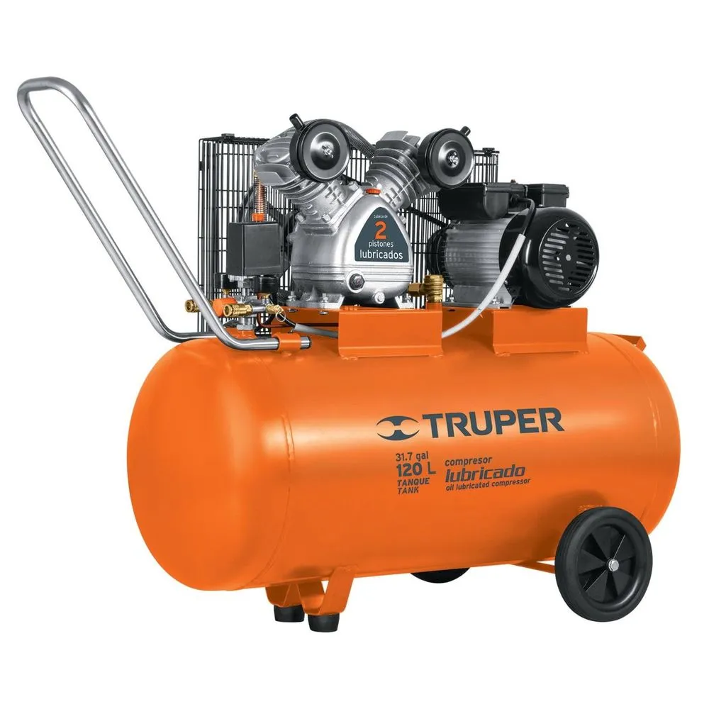Compresora lubricada de banda 3HP 220v 5.7  CFM  4HP Pot Max, horizontal, 120 L, Truper