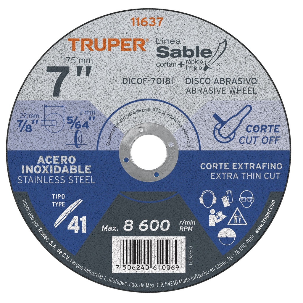 Disco para corte extrafino acero inoxidable, alto rendimiento 7" , diametro 1.8 mm, Truper
