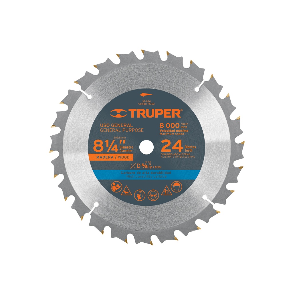 Disco sierra p/madera 8-1/4", 24 dientes, centro 5/8", Truper