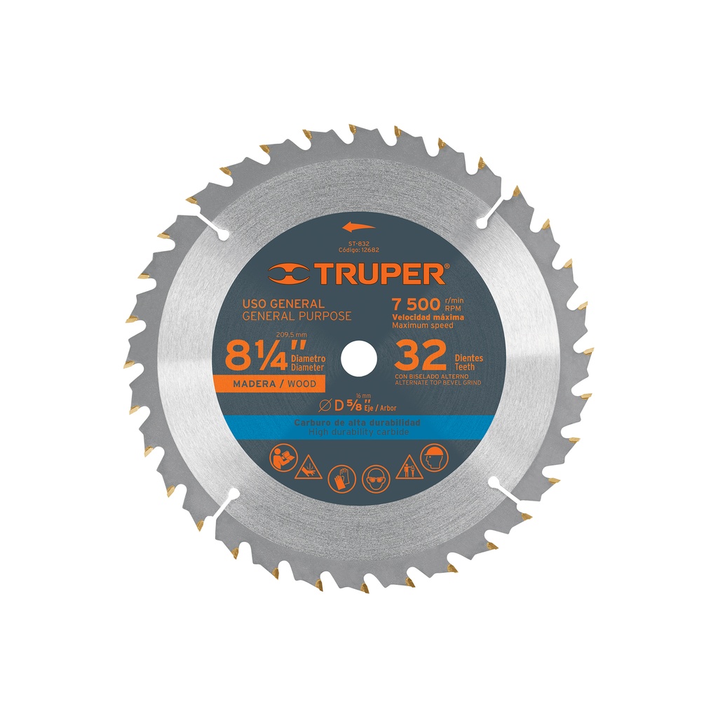 Disco sierra p/madera 8-1/4", 32 dientes, centro 5/8", Truper