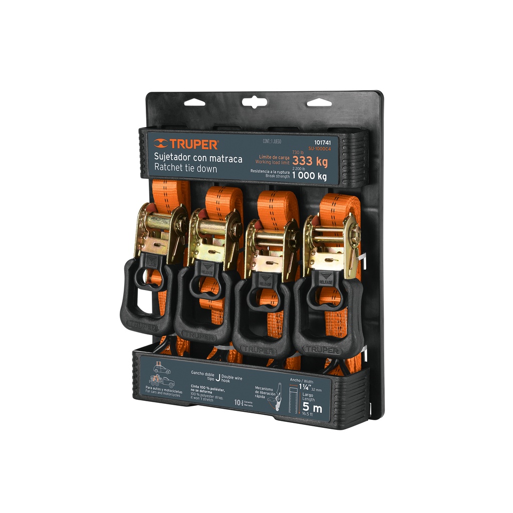 Juego de sujetadores c/matraca, carga máx 1000 kg, 4 piezas, Truper