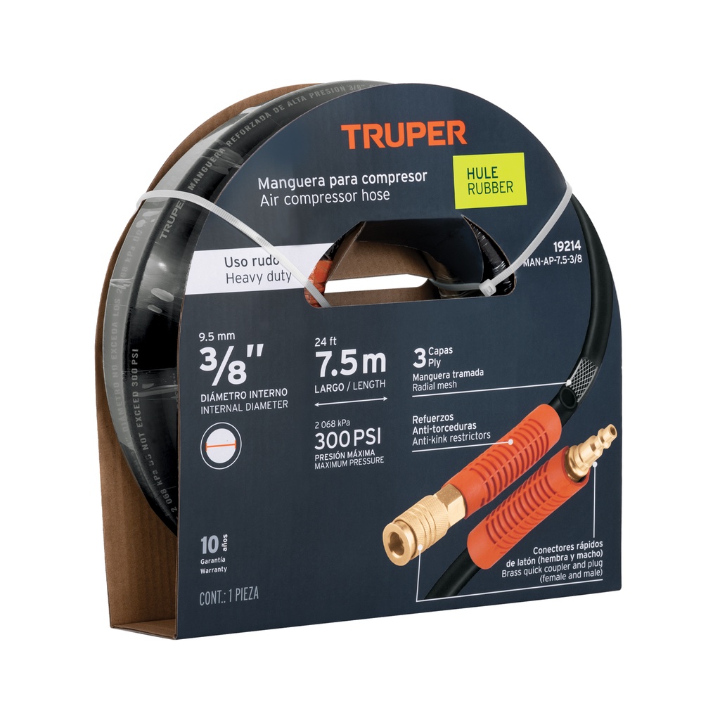 Manguera de hule, trabajo pesado 3/8" x 7.5m, Truper