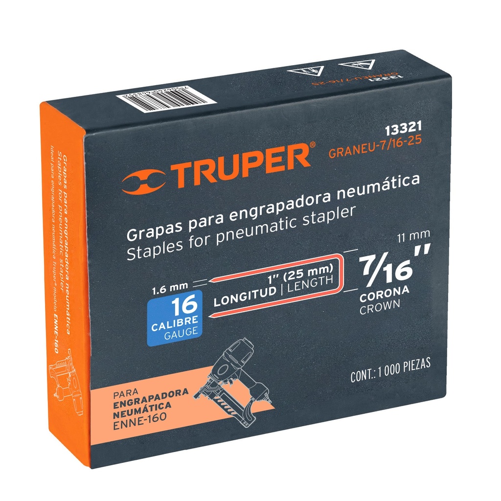 Caja con 1000 grapas corona 7/16" cal. 16, 25mm p/ENNE-160, Truper